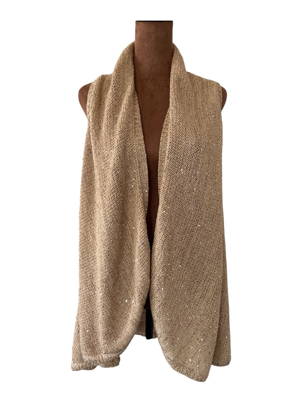 INC Metallic Gold Sequin Open Knit Sleeveless Drape Front Sweater Vest Medium